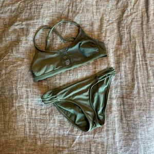 Xhiliration Ribbed Snap Button Cross Back Bikini, Size S